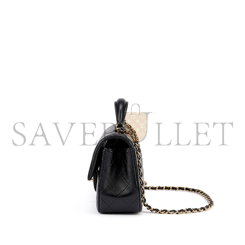 CHANEL BLACK QUILTED LAMBSKIN TOP HANDLE MINI FLAP BAG PALE GOLD HARDWARE AP4450 (18*14*3cm)